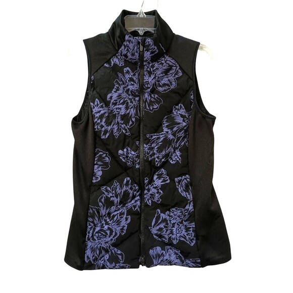 Athleta Womens Black Puffer Vest ST Small Tall Floral Full Zip Inlet Reflective - Picture 1 of 6